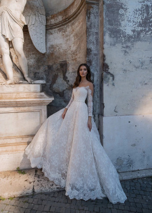 Long Sleeves Ivory Lace Tulle Buttons Back Fabulous Wedding Dress